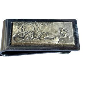 Vintage Money Clip. Hunting Scene Indian & Frontiersman. Two Tone Metal. Deer